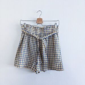 UO Urban Outfitters Yellow Blue Paperbag Plaid High Waist Shorts Size Medium